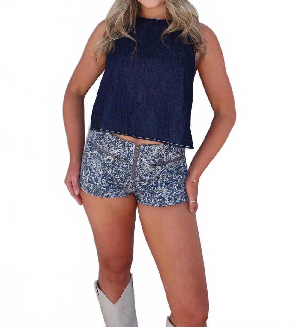 NEW PRETTY GARBAGE dawn paisley shorts in denim blue